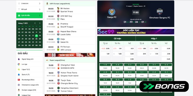 Cập nhật kèo cược trận Daegu vs Gimcheon Sangmu cùng 777bongs